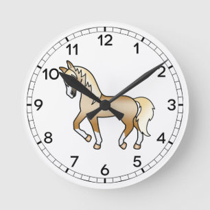 Palomino Söt Tecknad Travande Häst Illustration Rund Klocka