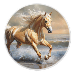 Palominohäst som springer på stranden knopp