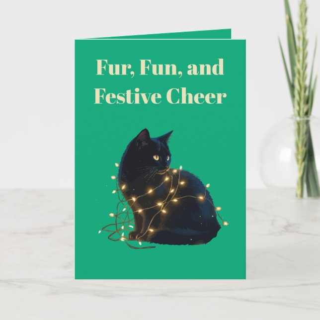 Päls, kul och festlig glädje Svart katt intrasslad Kort (Framsida)