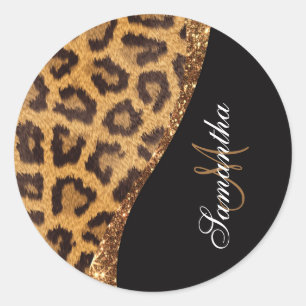 Päls Leopard Print och Glitter Runt Klistermärke
