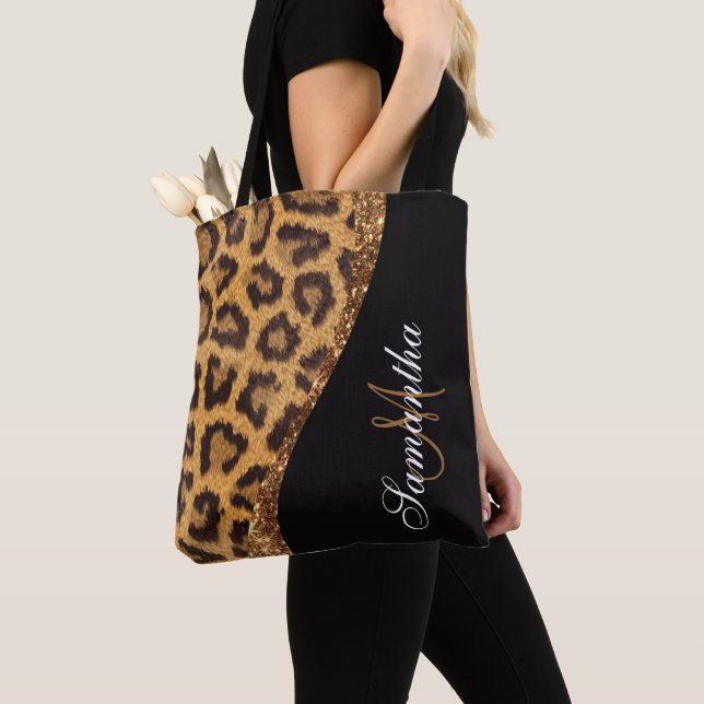 Päls Leopard Print och Glitter Tygkasse (Närbild)
