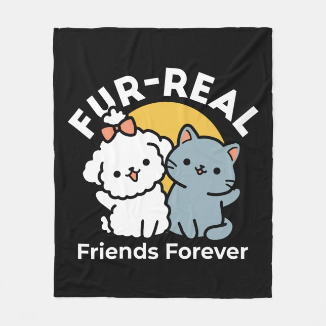 Päls-Real Friends Forever | Cute Cat & Hund Duo Fleecefilt (Framsidan)