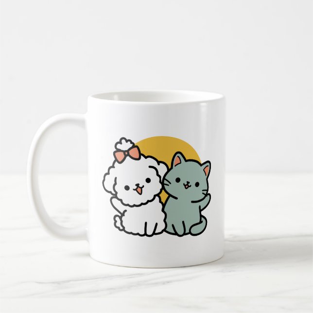 Päls-Real Friends Forever | Cute Cat & Hund Duo Kaffemugg (Vänster)