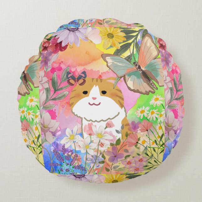Päls-real, jag är blomstrande - Cute Cat-Blommigt Rund Kudde (Framsidan)