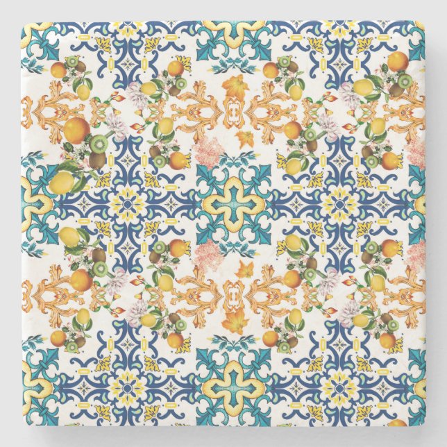 Pälsar av vintagen kiwi och citron mönster stenunderlägg (Framsidan)