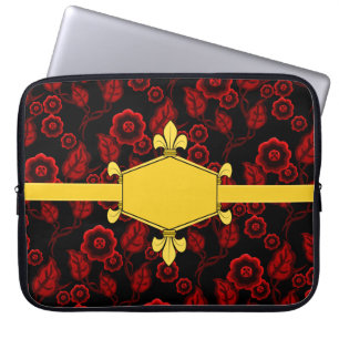 Pälsfodra de lis, guld, röd blommigt, tillfoga laptop fodral
