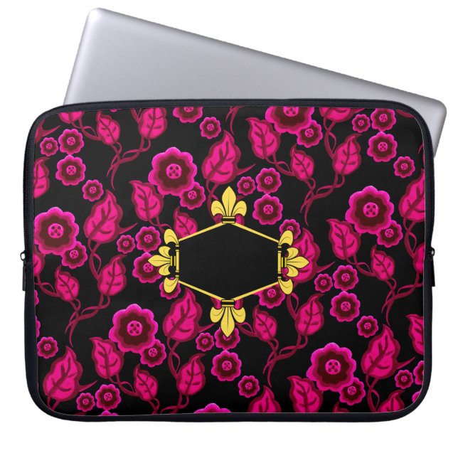 Pälsfodra de lis, guld, rosa blommigt, tillfoga laptop fodral (Framsidan)