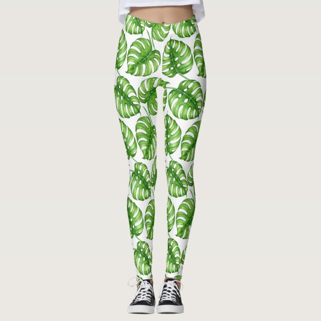 Pälsverk av arten Monstera vattencolor mönster Leggings (Framsida)