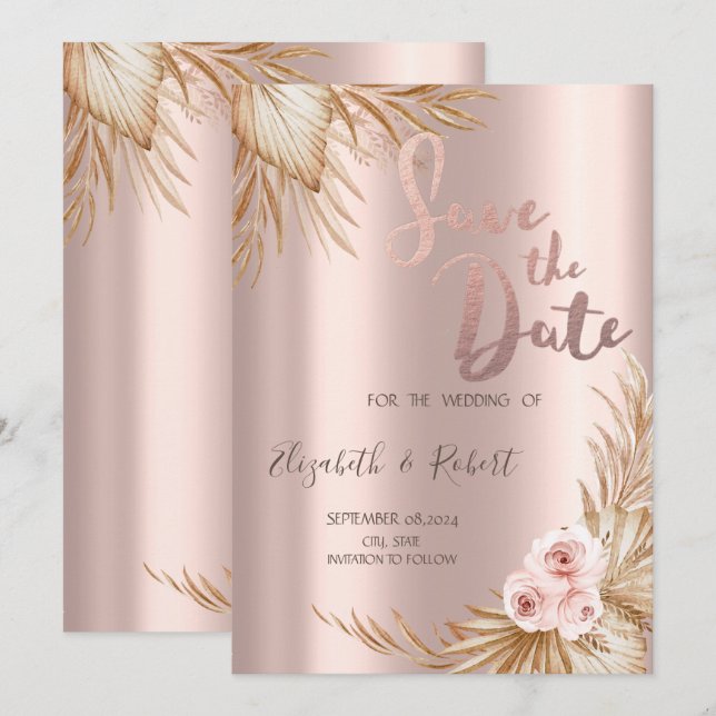 Pamapas Gräs Lyx Rosa Guld Save The Date Spara Datumet (Fram/baksida)