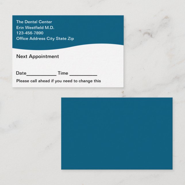 Påminnelse om tandläkares avtalade tider visitkort (Fram/baksida)