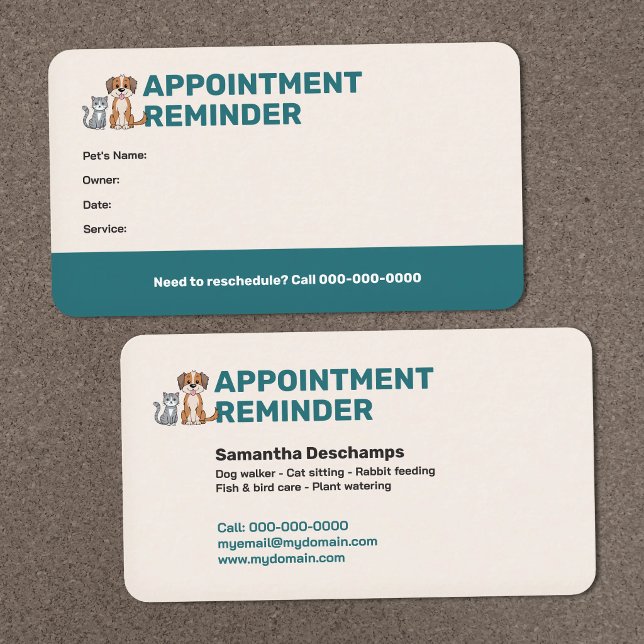 Påminnelsekort för husdjursmöte visitkort (Pet Appointment Reminder Card)