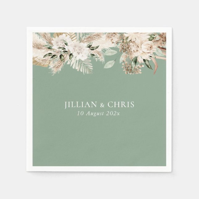 Pampa, gräs, grönt blommigt bröllop pappersservett (Framsidan)