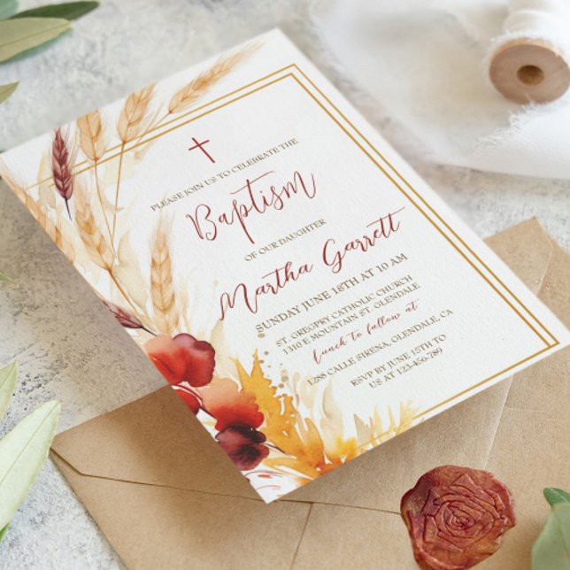 Pampas Autumn Beige Girls Baptism Inbjudningar (Skapare uppladdad)