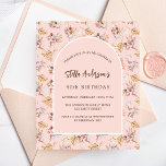 Pampas blommigt ro boho inbjudan till budgetfödels<br><div class="desc">En båge ram på mönster av pampasgräs och rosa blommor och en gyllene kor. Anpassa och lägg till namn och detaljer. 1 lakan = 1 inbjudan tryckt kant till kant.</div>