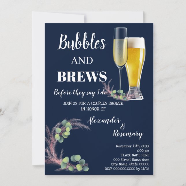 Pampas & Eucalyptus Bubble & Brews Par Inbjudningar (Framsida)