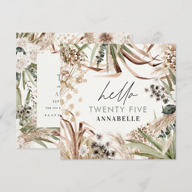 Pampas eucalyptus (daglig pampasgräs), modern grön inbjudningar (Fram/baksida)