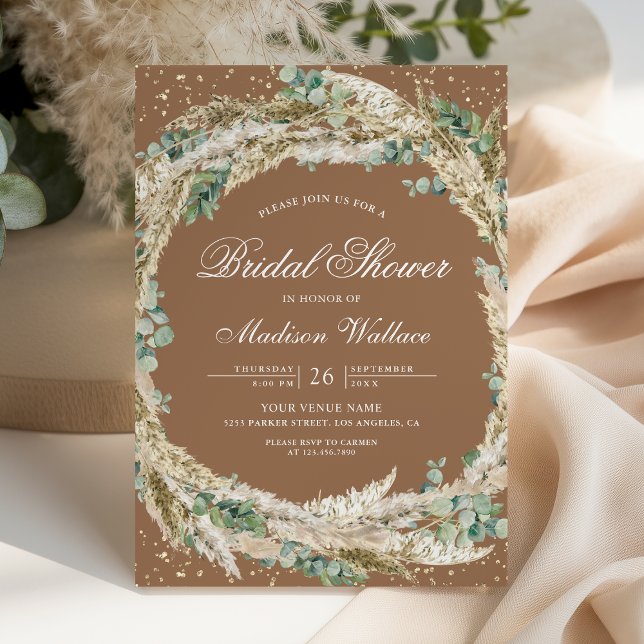Pampas Eucalyptus Wreath Beige Tan Bridal Shower Inbjudningar (Skapare uppladdad)