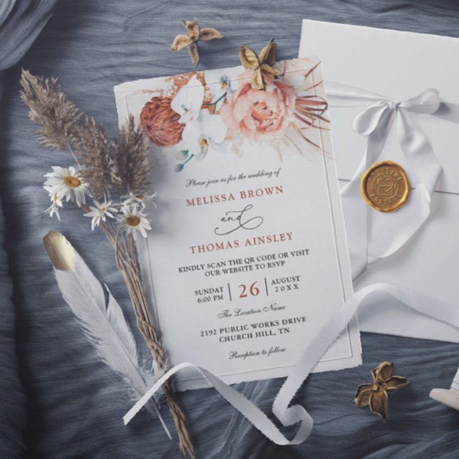 Pampas Floral Terracotta Budget QR Code Wedding Inbjudningar (Skapare uppladdad)