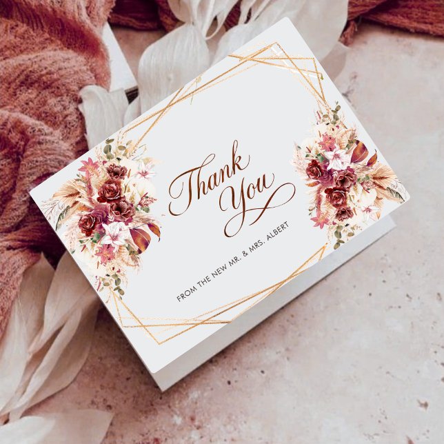 Pampas Gold Geometric Burgundy Floral Wedding Tack Kort (Skapare uppladdad)