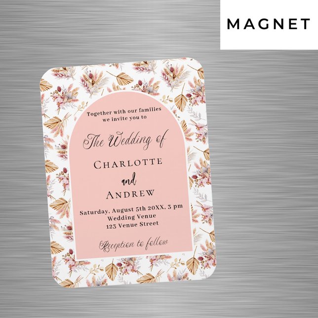 Pampas gräblommor ro guld bröllopsinbjudan magnet (Skapare uppladdad)