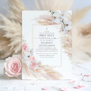 Pampas Gras and White Orchids First Communion Inbjudningar