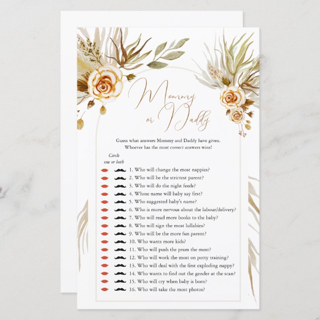 Pampas-gräs Baby Shower Gissa Vem Mamma eller papp (Fram/baksida)