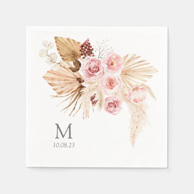 Pampas gräs Boho Blommigt Monogram bröllop Pappersservett (Framsidan)