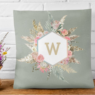 Pampas gräs Boho blomster monogram ram Kudde