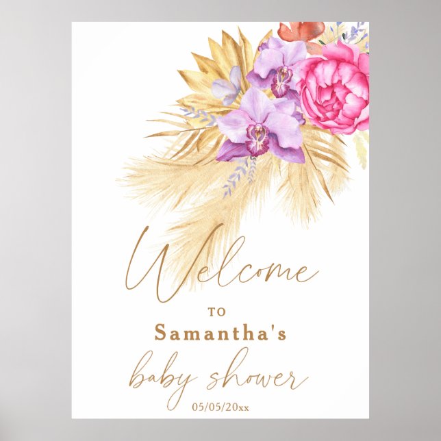 Pampas-gräs Boho Rosa Baby Shower Välkommen Poster (Framsidan)