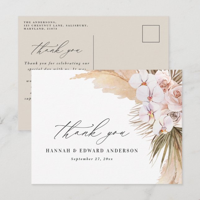 Pampas-gräs, modern botanisk bohemi bröllop vykort (Fram/baksida)