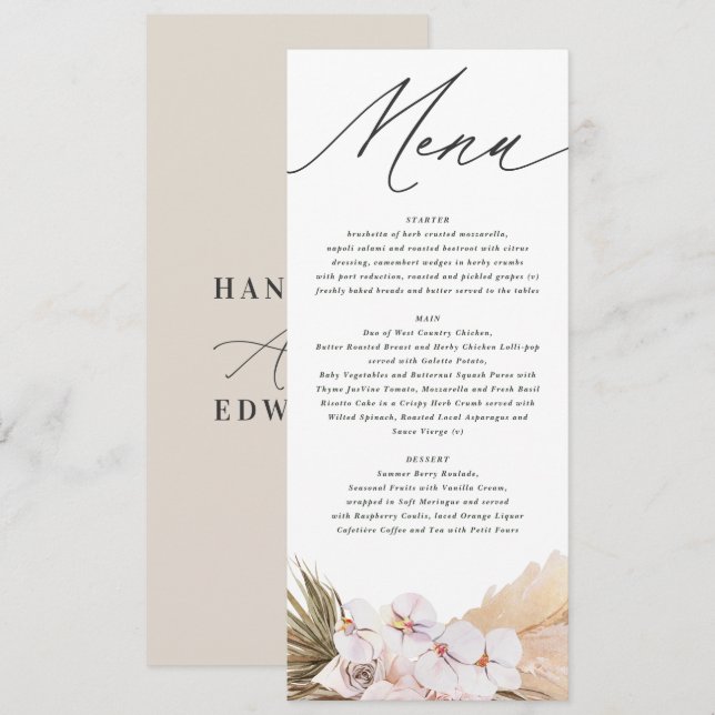 Pampas-gräs, modern botanisk bohemisk skrift meny (Fram/baksida)