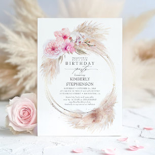 Pampas Gras och Rosa Orchid Exotic Födelsedagsfest Inbjudningar