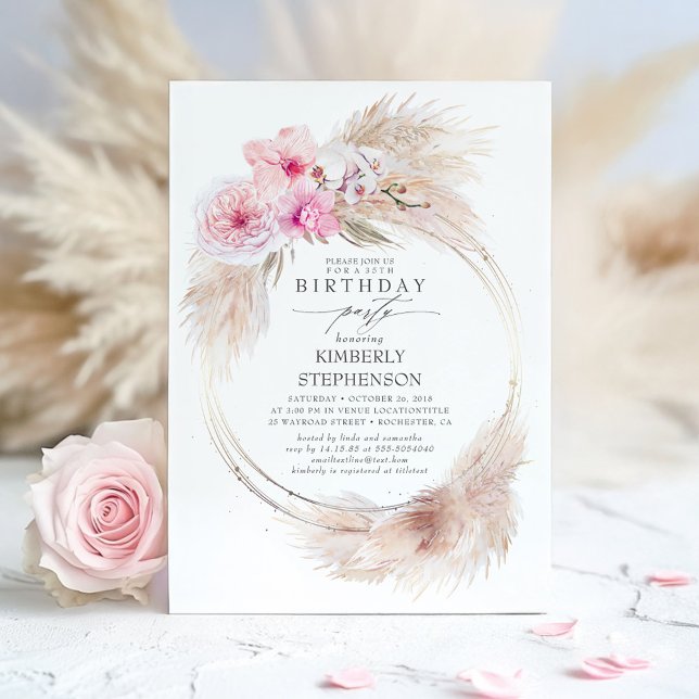 Pampas Gras och Rosa Orchid Exotic Födelsedagsfest Inbjudningar (Pink Floral Birthday Invitation)