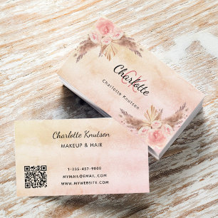 Pampas-gräs rosa blommigt monogram QR-kod Visitkort