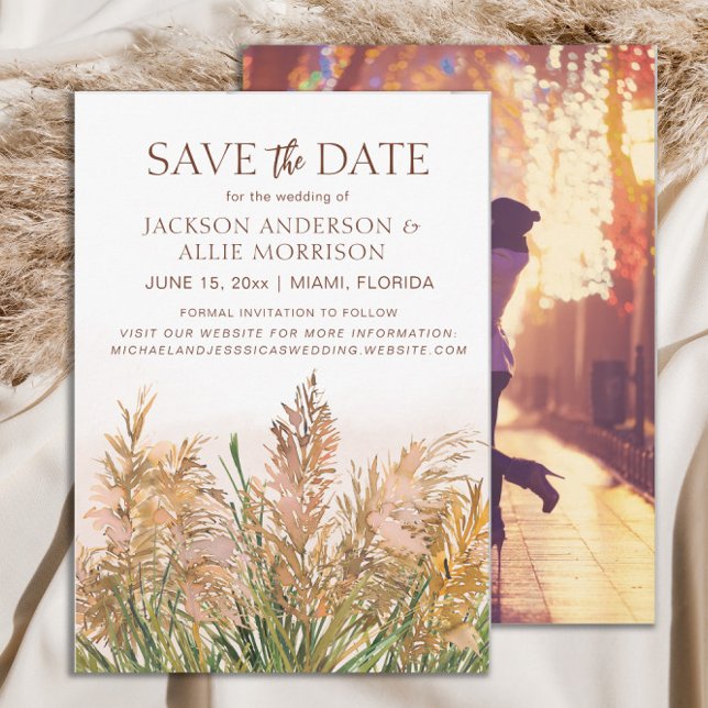 Pampas gräs Rustik Botanisk Boho Bröllop  Spara Datumet (Rustic pampas grass wedding Save the Date photo card)