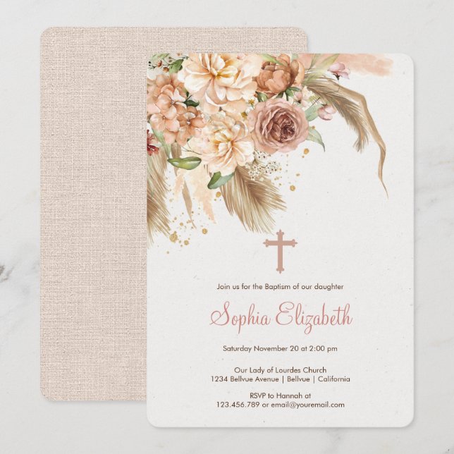 Pampas gräsboho baptism inbjudningar (Fram/baksida)