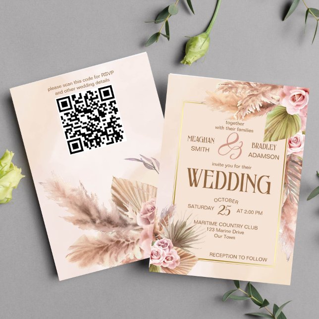 Pampas gräsboho blommor faller bort inbjudningar (Boho pampas grass cream roses beige wedding template invitation instant download )