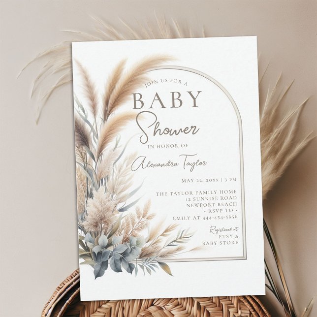Pampas gräsgrönska Boho Neutral Baby Shower Inbjudningar (pampas grass baby shower invitation gender neutral watercolor greenery botanical foliage boho chic)