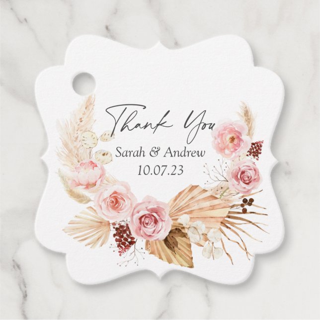 Pampas gräsklipp boho blommigt vattenfärgsbröllops gåvor etiketter (Framsida)