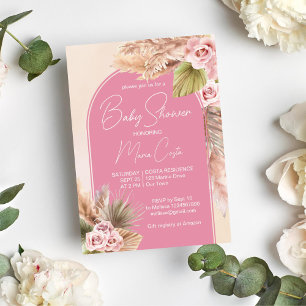 Pampas gräsklipp boho rosa Arch Baby dusch Inbjudningar