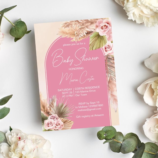 Pampas gräsklipp boho rosa Arch Baby dusch Inbjudningar (Boho pink pampas grass roses modern arch baby shower invitation template instant download)