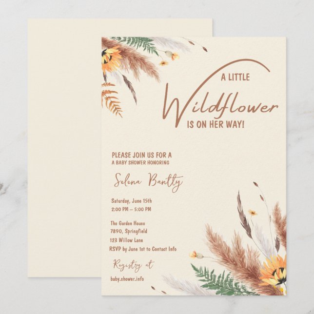 Pampas Grass A Little Wildblomma Flicka Shower Inbjudningar (Fram/baksida)