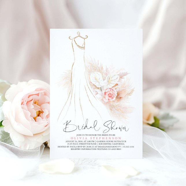 Pampas Grass and Bröllop Dress Möhippa Inbjudningar (Pampas Grass and Blush Flowers Dress Bridal Shower Invitations)