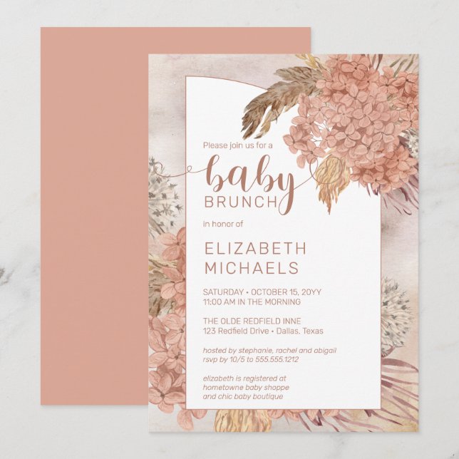 Pampas Grass and Hydrangeas Blooms Baby Brunch Inv Inbjudningar (Fram/baksida)