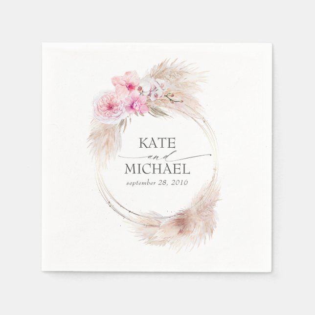 Pampas Grass and Rosa Orchids Blommigt Tropical Pappersservett (Framsidan)