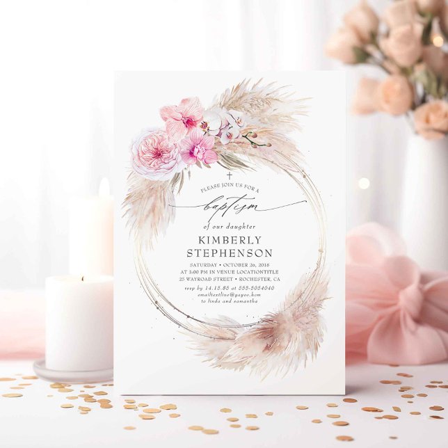 Pampas Grass and Rosa Orchids Girls Baptism Inbjudningar (Pink Flowers and Pampas Grass Baptism Invitations)