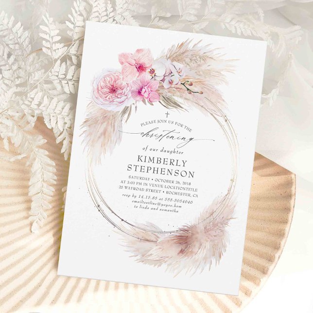 Pampas Grass and Rosa Orchids Girls Christening Inbjudningar (Pink Orchid Flowers and Pampas Grass Christening Invitations)