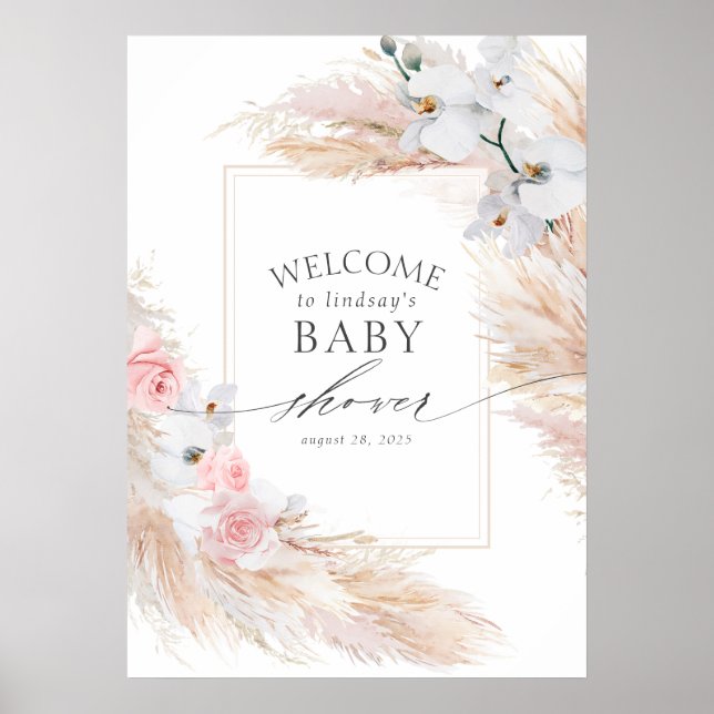 Pampas Grass and White Orchids Baby Shower Välkomm Poster (Framsidan)