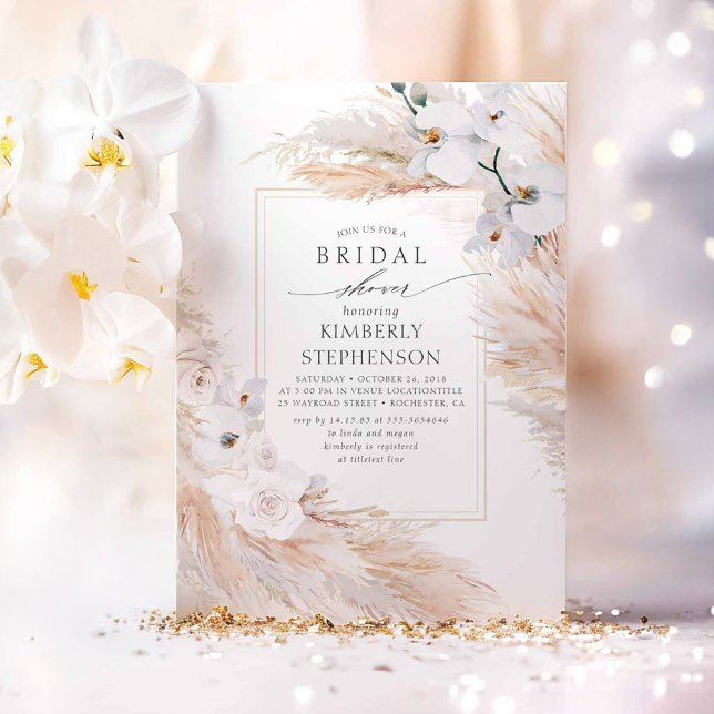 Pampas Grass and White Orchids Chic Möhippa Inbjudningar (Boho Pampas Grass Bridal Shower Invitation)