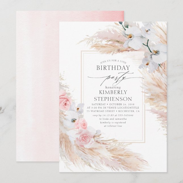 Pampas Grass and White Orchids Elegant Birthday Inbjudningar (Fram/baksida)